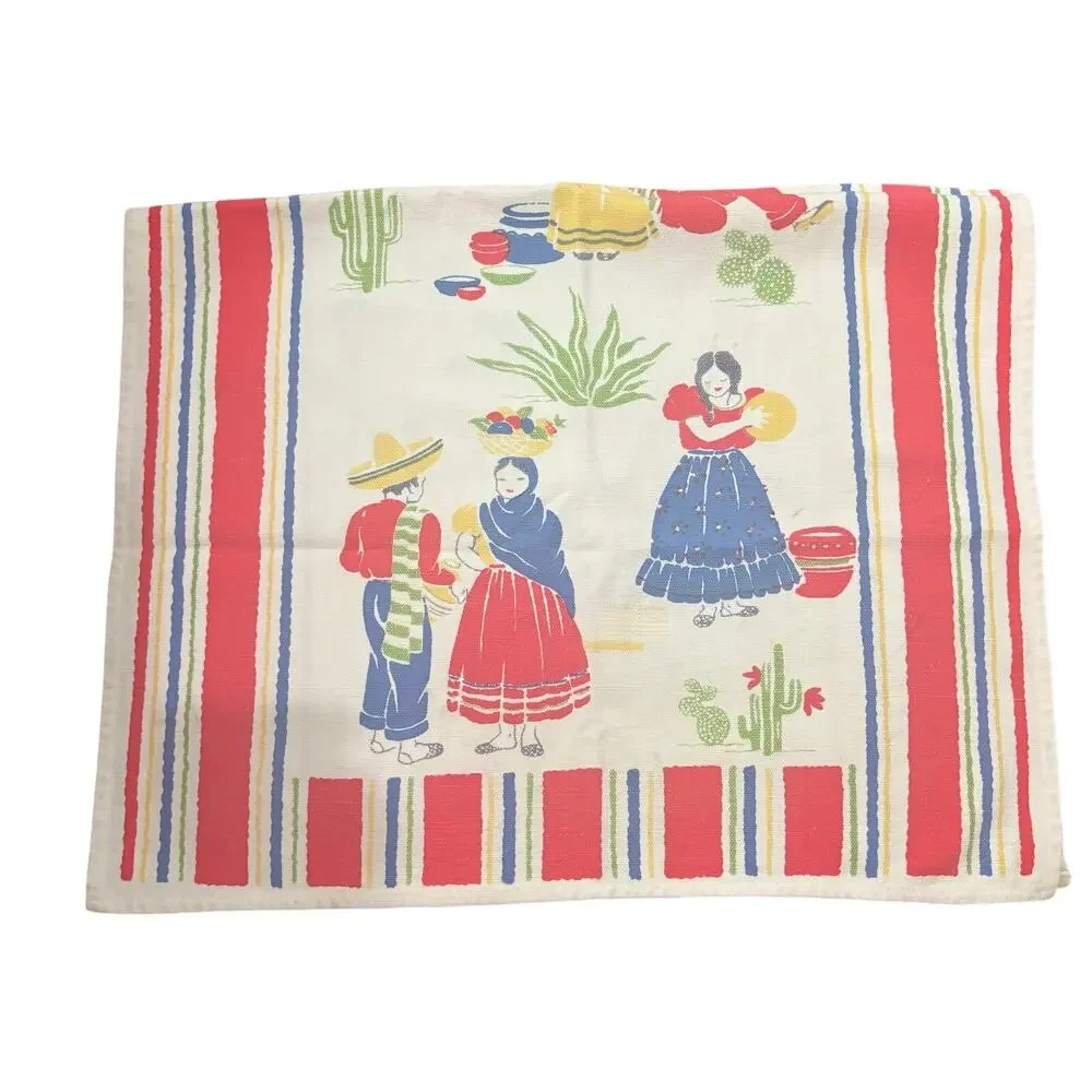 Vintage  Linen Kitchen Towel  Southwestern Aztec Kitschy Retro 26 x 16